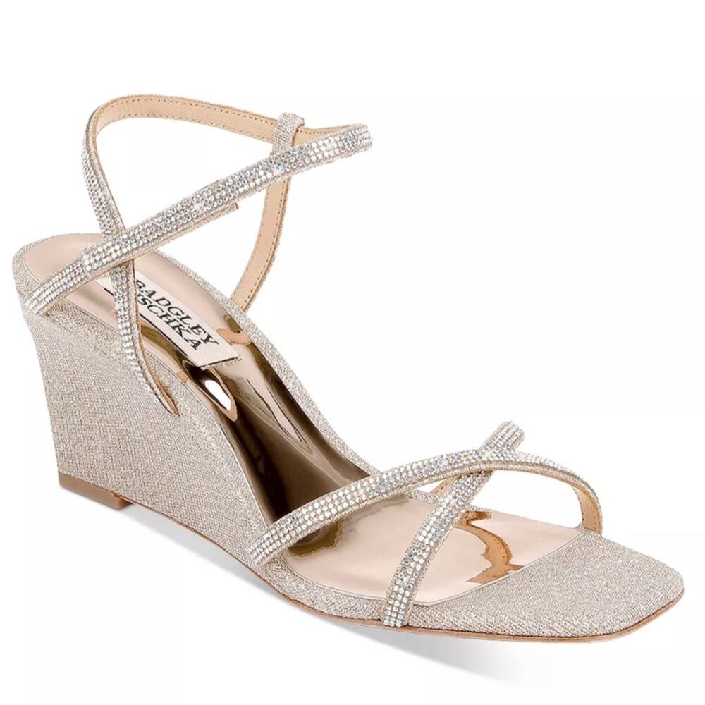 Badgley Mischka Women's Reagan Square Toe Embellished Wedge Sandals, Sz 10